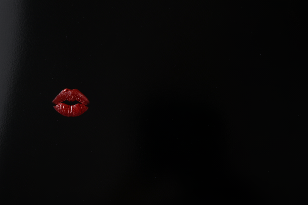 black background, with a red kiss lips on the close almost to the edge left size , image of the lips kiss need to be small . 